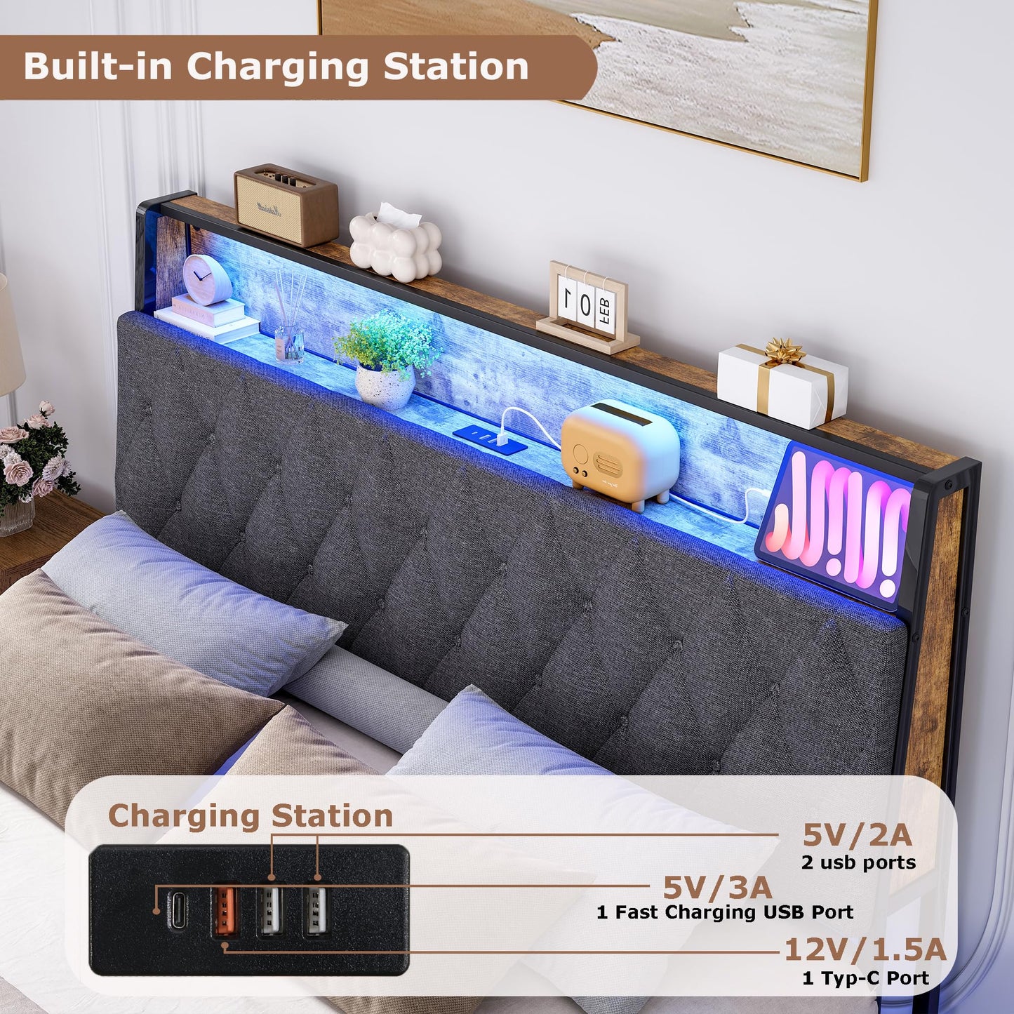 Ailisite Full Size Bed Frame with Storage Headboard and Charging Station, Led Bed Frame Full Size with Charging Station, Upholstered Platform Bed Frame with Hidden Storage, Easy Assembly, Dark Grey