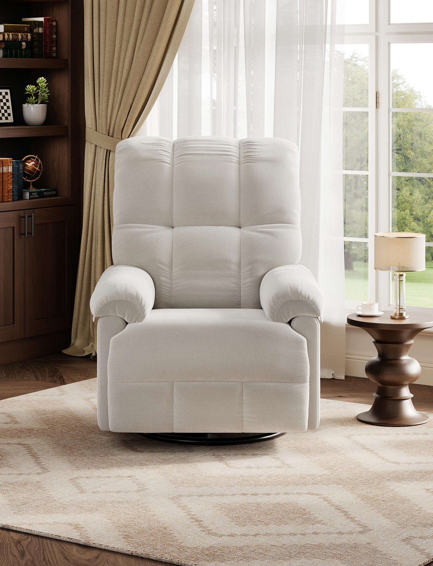 GarveeHome Manual Recliner Chair, Comfy Swivel Rocker Chair for Adults, Ergonomic High Back Silent Nursery Glider, Upholstered Fabric Reclining Sofa Chair for Living Room (Beige)