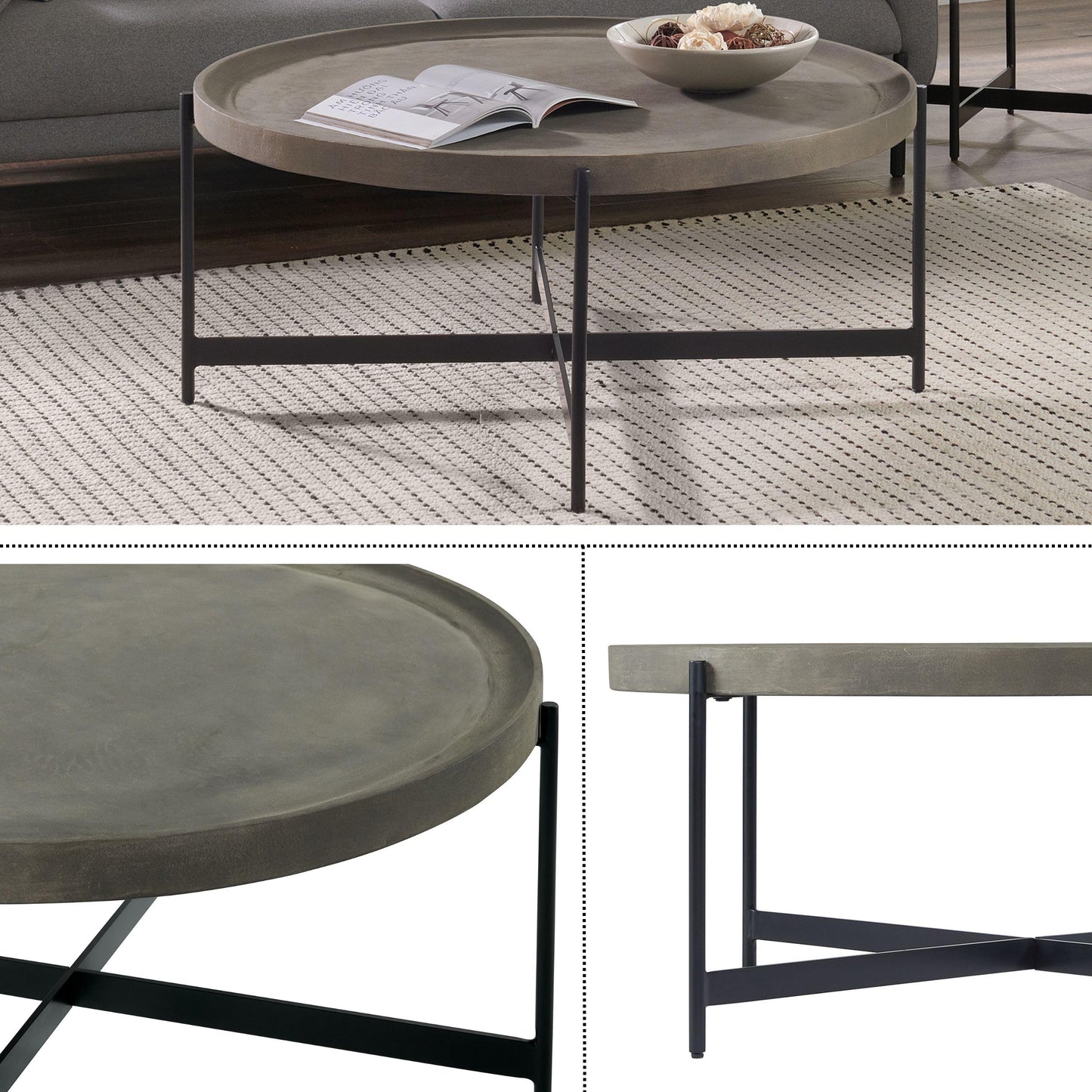 Alaterre Furniture Brookline 42-Inch Round Concrete-Coated Wood Coffee Table with Tray Top and Black Iron Legs – Industrial Farmhouse Living Room Accent Table with X-Frame Base