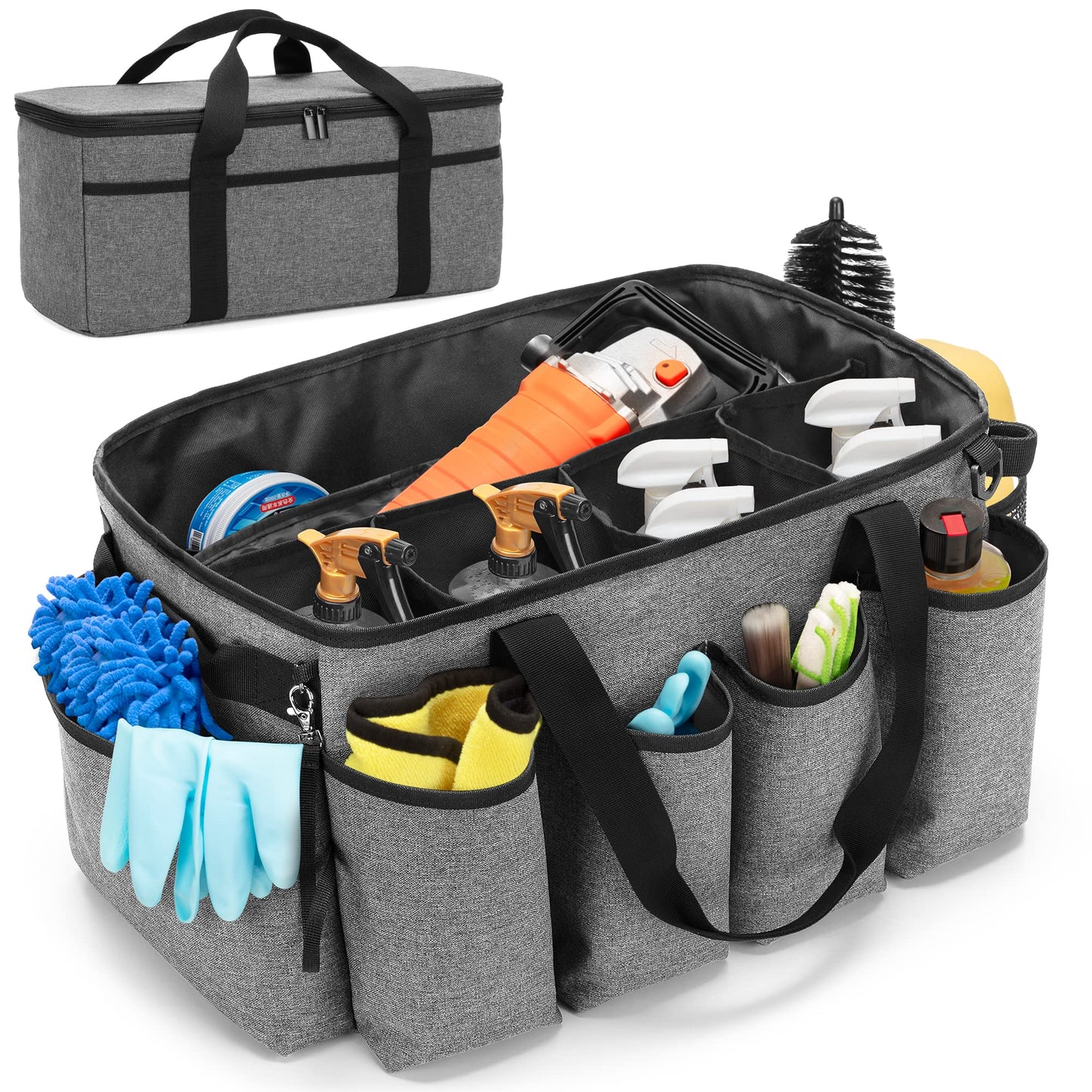 Detailing Bag with Polisher Carry Bag, Large Detail Bag Car Care Box for Auto Detailing Supplies, Car Wash Caddy & Trunk Organizer for Buffer Bottle Towel & Cleaning Kit, Black, Patent Design