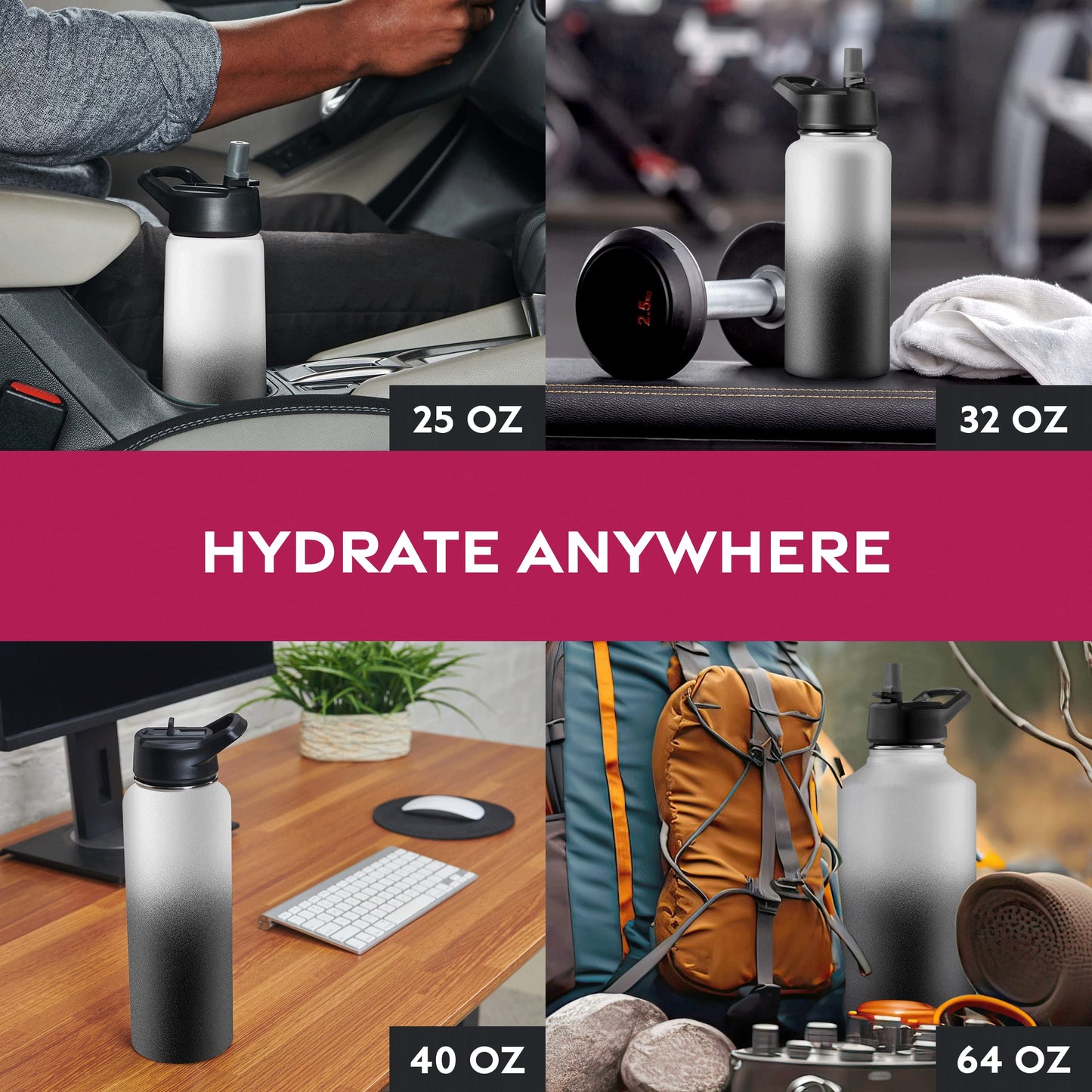 FineDine Triple Walled, Insulated Water Bottles with Straw - 64 Oz Stainless Steel Metal Bottle W/ 3 Leak Proof Lids - For Travel, School, Sports, Gym / Men, Women & Kids - Dreamy Black-White