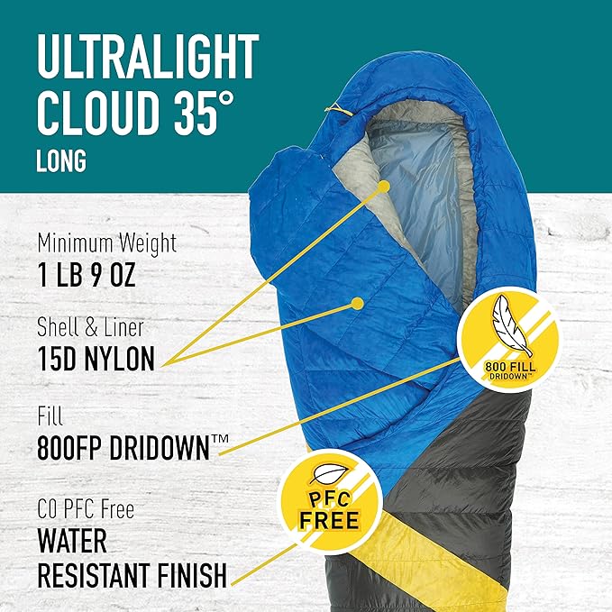 Sierra Designs Cloud 35 Degree DriDown Sleeping Bag Ultralight Zipperless Down Sleeping Bag for Backpacking and Camping