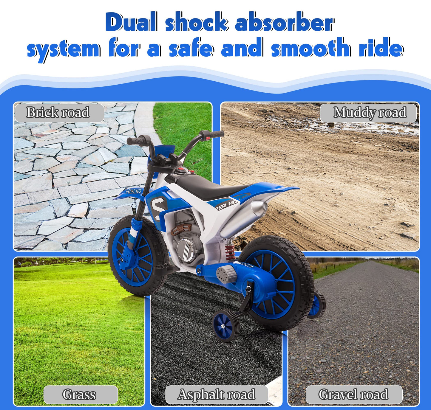 TOBBI Kids Motorcycle Dirt Bike 12V Electric Motorcycles Ride on Toys Battery Powered Motorbike Off-Road Motocross for Toddler Boys Girls 3+Years w/ 2 Speeds, 35W Dual Motors, Training Wheels, Blue