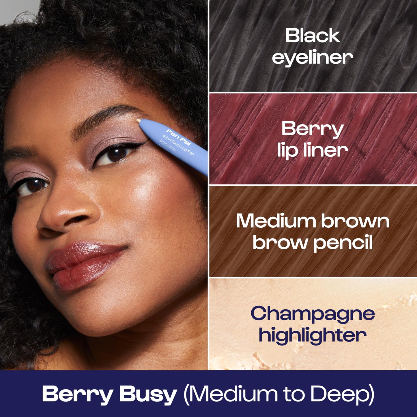 Alleyoop Pen Pal 4-in-1 Makeup Pen – Comes with Eyeliner, Lip Liner, Highlighter Makeup & Eyebrow Pencils for Women – Portable, Touch-Up On the Go – Cruelty-Free, Vegan (Berry Busy (Medium - Deep)