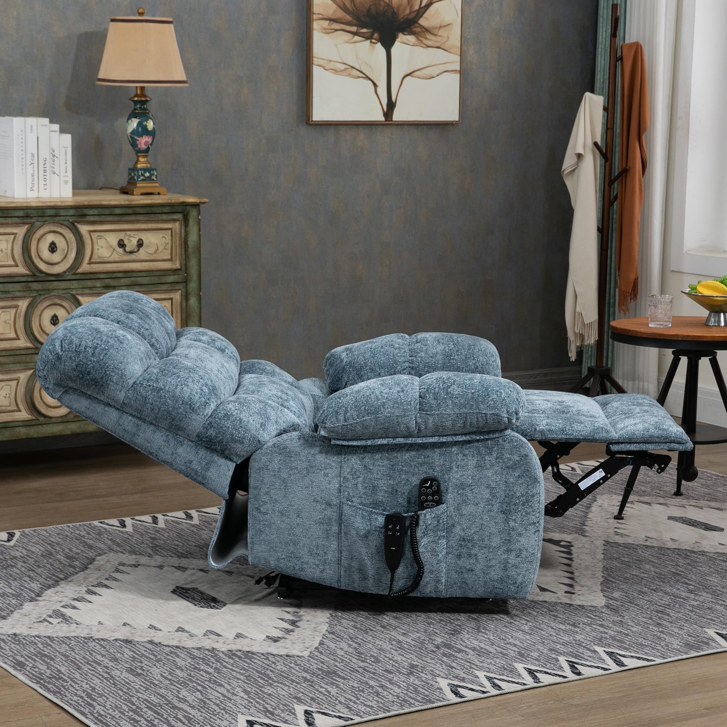 EZZUP Lay Flat Recliner with Vibration Massage and Lumbar Heating, 26'' Wide Chair with Infinite Position and 2 Remote Controls, Soft Chenille Lift for Living Room, Grayish Blue
