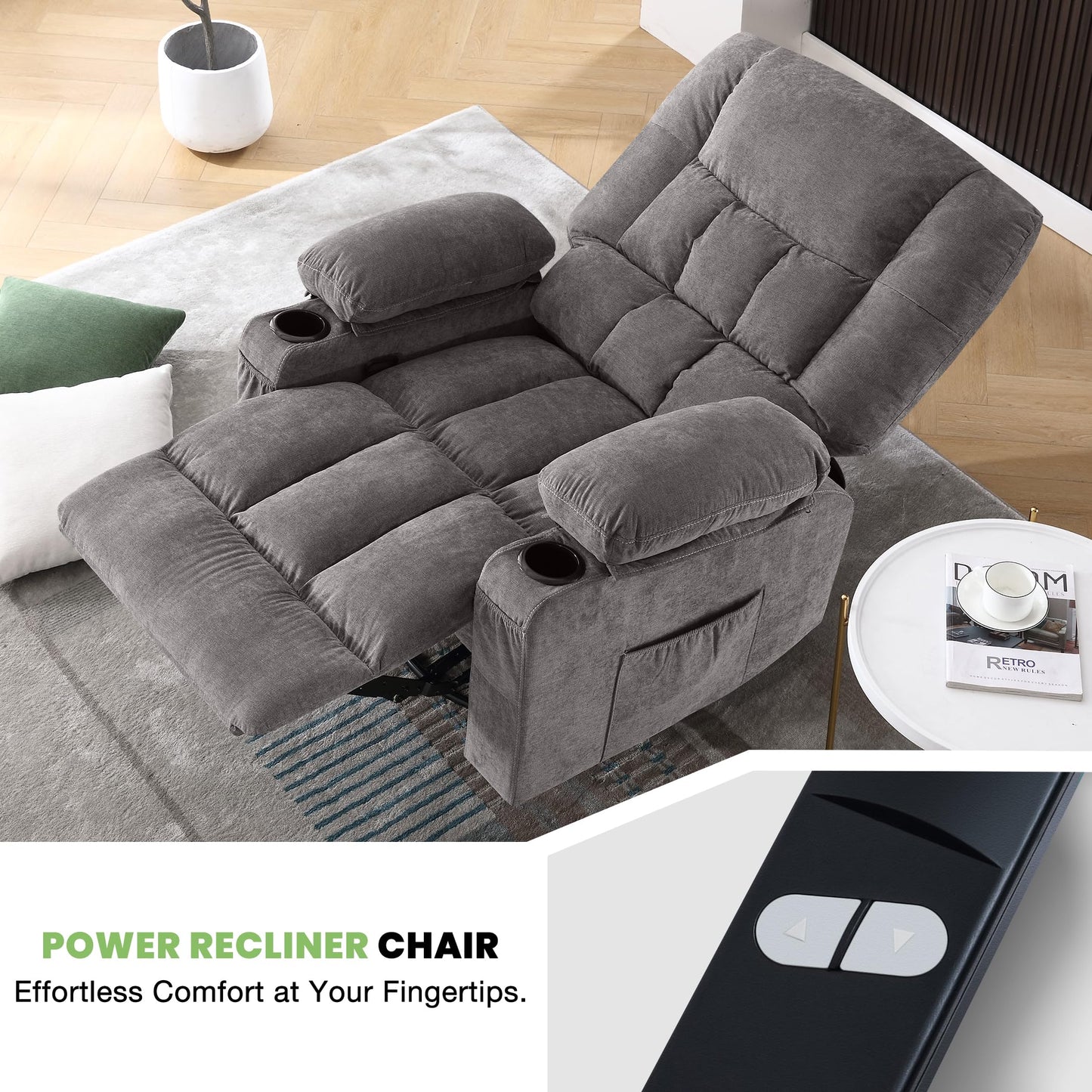 Power Swivel Recliner Chair with Ergonomic for Adults, Oversized Recliner Single Sofa with Rocking Function, Side Pocket, Two Cup Holders and Remote Control for Living Room