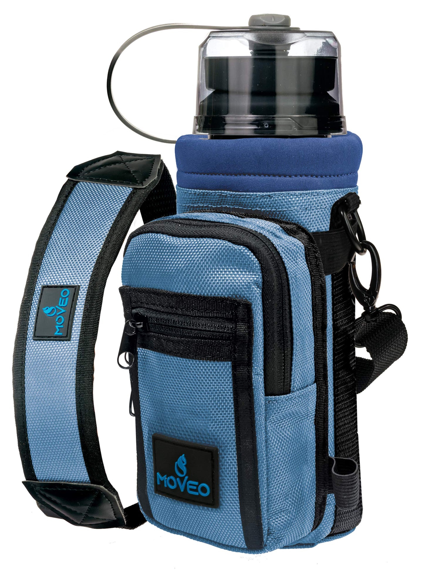 Moveo Water Bottle Holder/Carrier, Insulated w/Adjustable Shoulder Strap & Front Pockets - Comfortable Crossbody Water Bottle Holder - Water Bottle Sling Fits 16oz to 25oz Bottles
