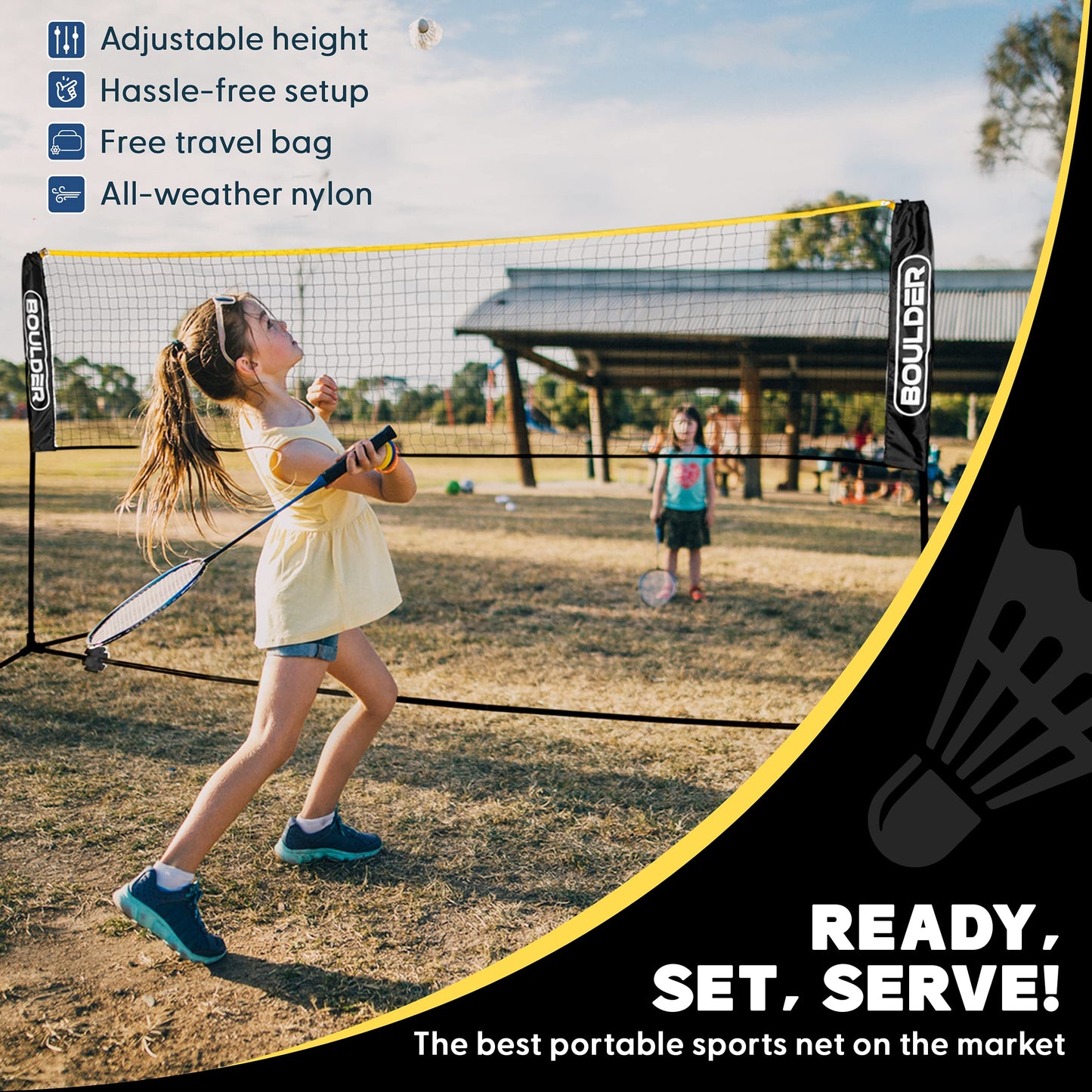 Boulder Badminton Pickleball Net - Height Adjustable Portable Net for Junior Tennis, Kids Volleyball & Soccer, and Backyard Games - Easy Setup Nylon Sports Net with Poles 10 ft/14ft/17ft Wide