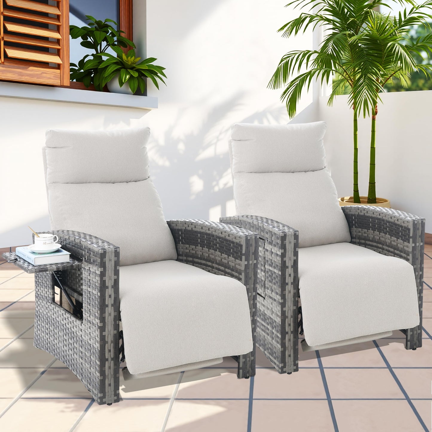 ZZW Outdoor Recliner Chair Set of 2, Wicker Patio Recliners with Adjustable Backrest 92°-145°and Extended Foot Rest, Reclining Pattio Chairs with Flip Table & Removable Cushion Cover for Porch