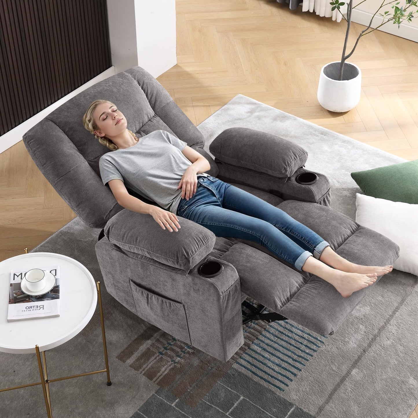 Power Swivel Recliner Chair with Rocking Function for Living Room, Oversized Rocker Recliner Single Sofa with Ergonomic, Side Pocket, Two Cup Holders and USB Charge Port for Adults