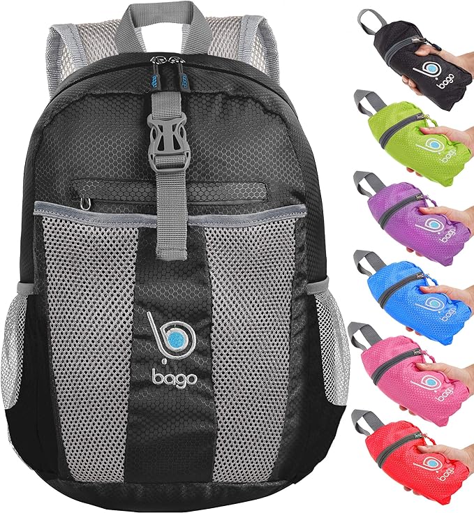 bago Lightweight Small Hiking Backpack for Women and Men - 25L Travel Day Pack - Foldable Hiking Daypack Ultralight for Camping Outdoor Sports - Day Bag Packable Backpack for Travel (Black)