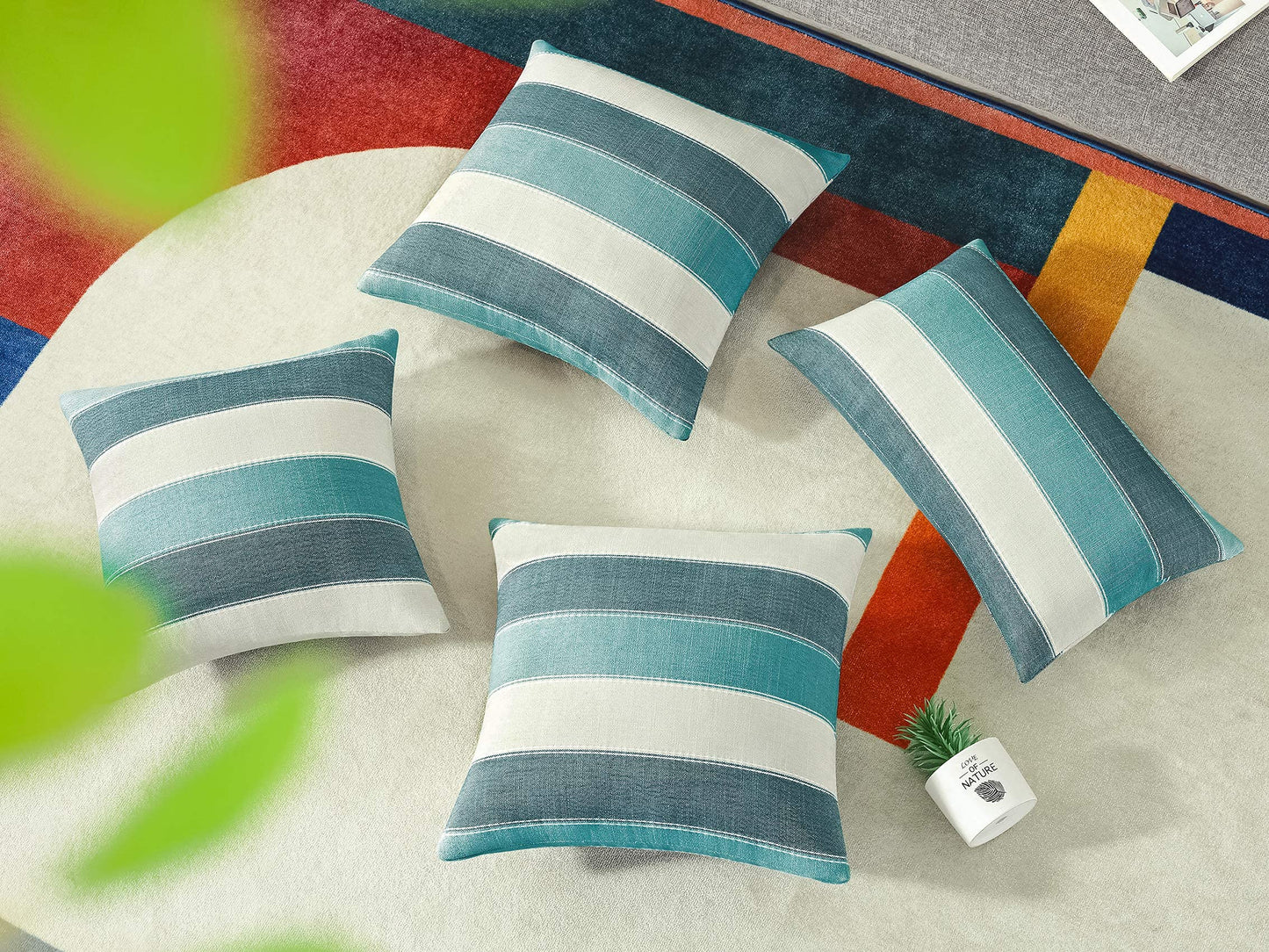 AmHoo Pack of 2 Farmhouse Stripe Check Throw Pillow Covers Set Case Cotton Linen Decorative Pillowcases Cushion Cover for Couch Bench Sofa 18x18Inch Teal Blue
