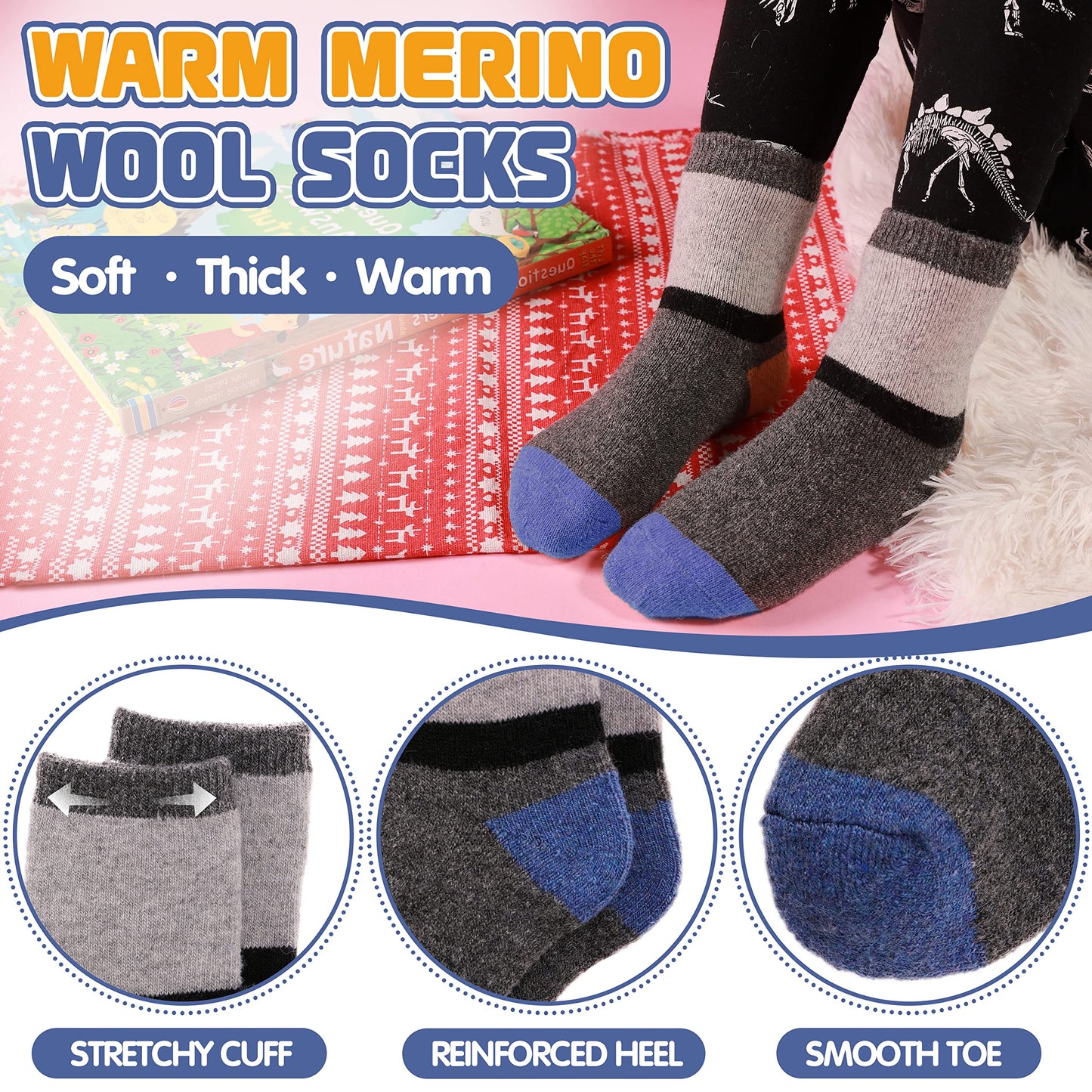 ANTSANG Kids Wool Hiking Socks Toddlers Boys Girls Warm Thick Thermal Crew Boot Heavy Cozy Snow Cabin Winter Gift Snowboarding Socks 6 Pairs(Color Striped D,4-7 Y)