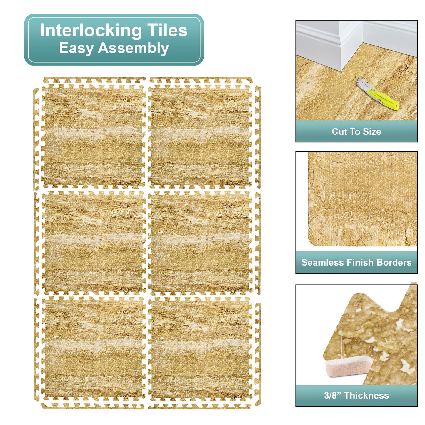 Sorbus 96 Sq. Ft. Wood Grain Floor Tiles Foam Mat EVA Interlocking Mats Tile 3/8-Inch Thick Flooring Wood Puzzle Exercise Mats w/Borders - Home Playroom Basement, Apartment, Trade Show, Baby, Dance