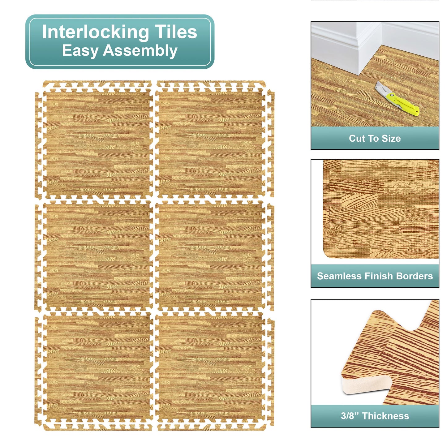 Sorbus 48Sq. Ft. Wood Grain Floor Tiles Foam Mat EVA Interlocking Mats Tile 3/8-Inch Thick Flooring Wood Puzzle Exercise Mats w/Borders - Home Playroom Basement, Apartment, Trade Show, Baby, Dance