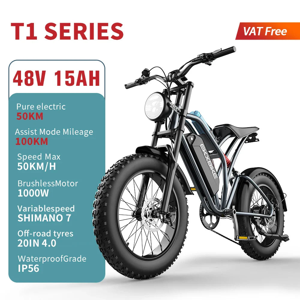 EKX T1 1000W Fat Tire Electric Bike – 48V 20Ah