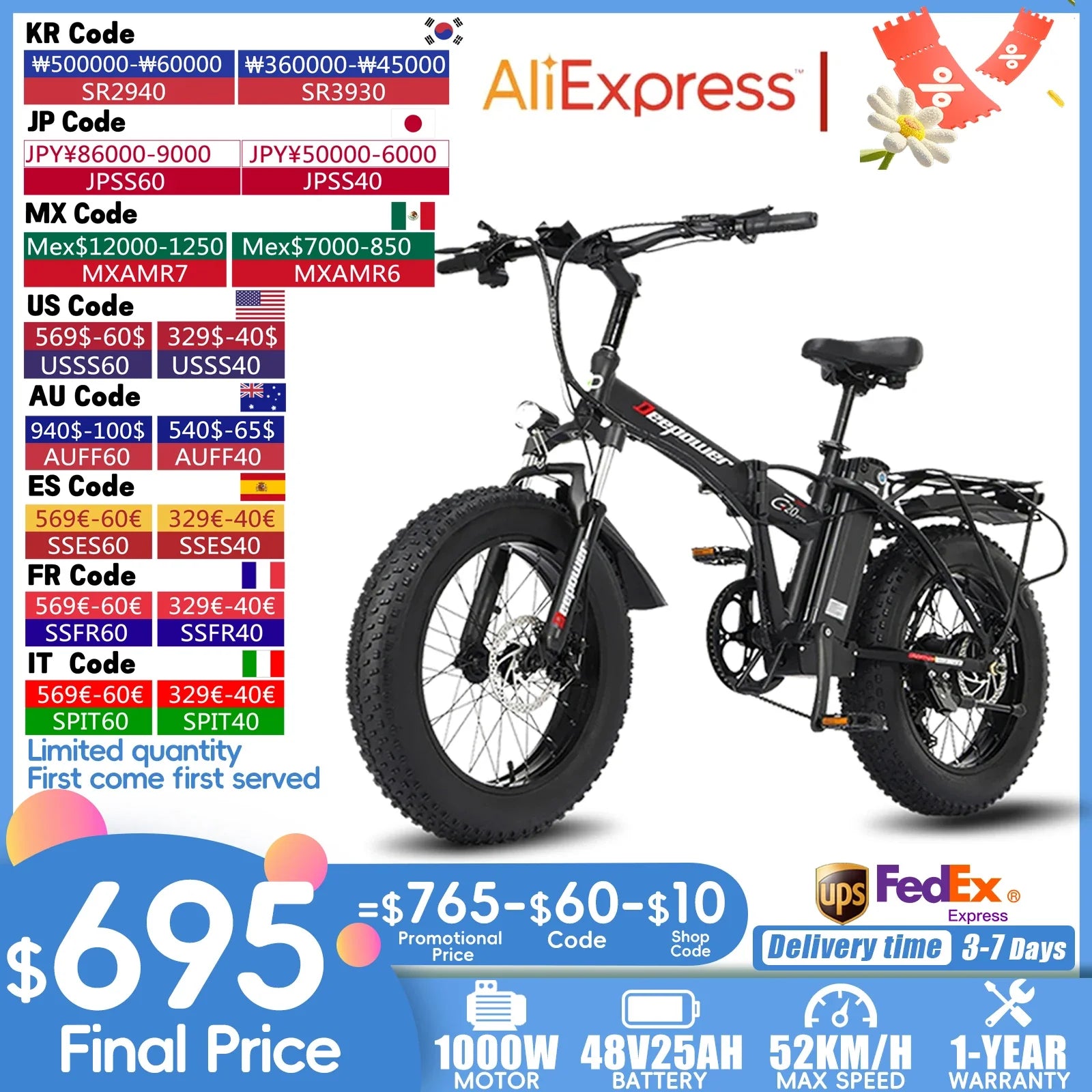 DEEPOWER G20 1000W Folding Fat Tire Ebike