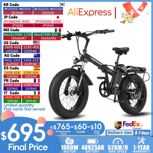 DEEPOWER G20 1000W Folding Fat Tire Ebike