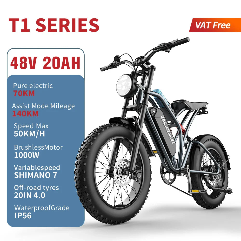 EKX T1 1000W Fat Tire Electric Bike – 48V 20Ah