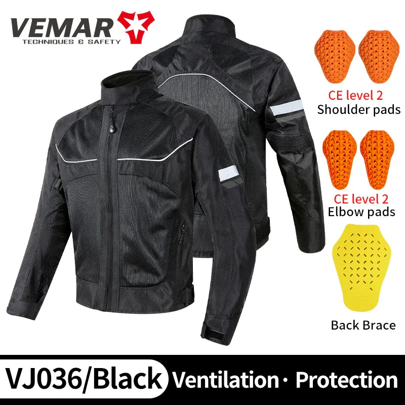 New Vemar Men Motorcycle Coat Summer Breathable Mesh Moto Jacket CE1/2 EVA Protective Gear Motorbike Clothing Jacket Black/Gray