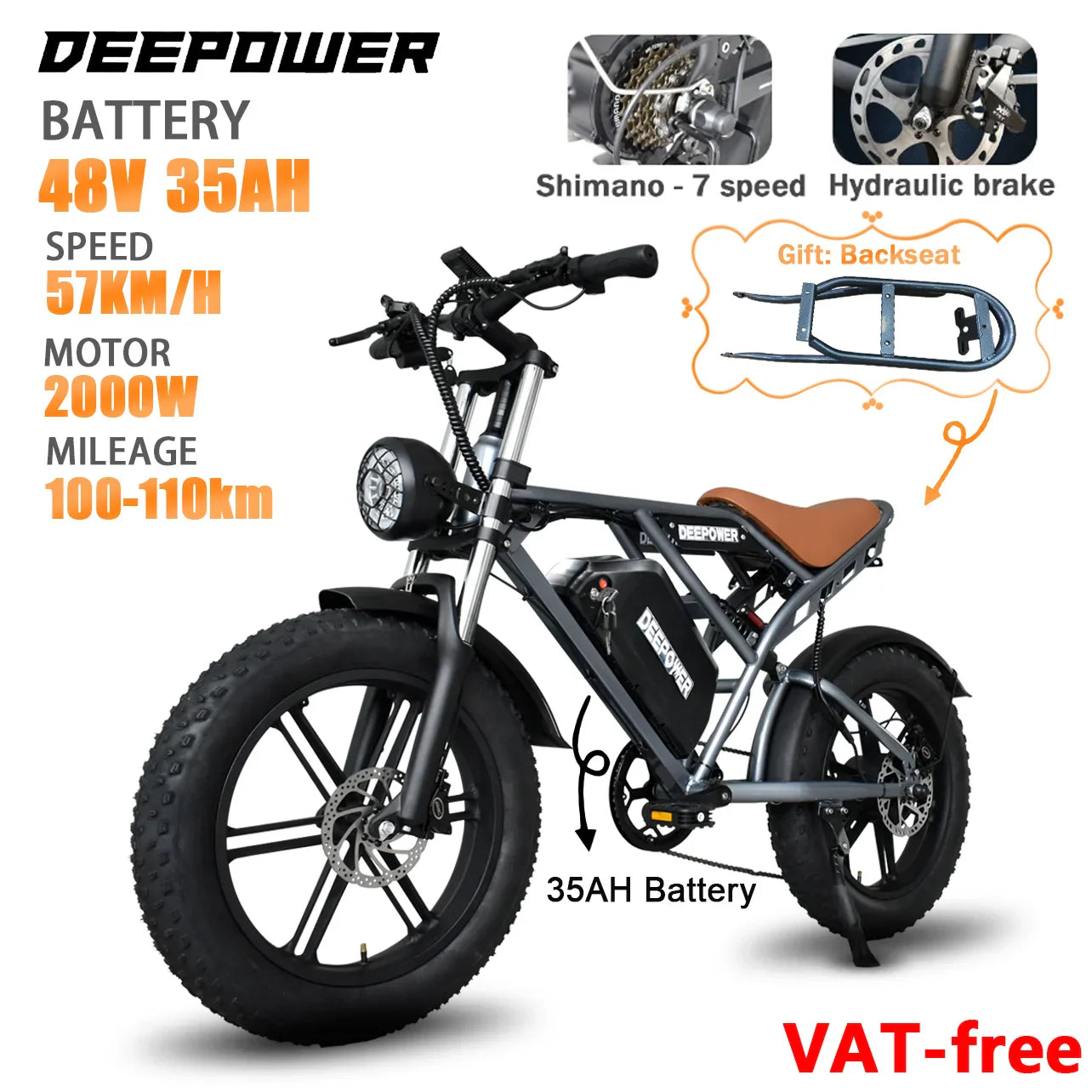 DEEPOWER S7 2000W Fat Tire Electric Bike – 48V 55Ah