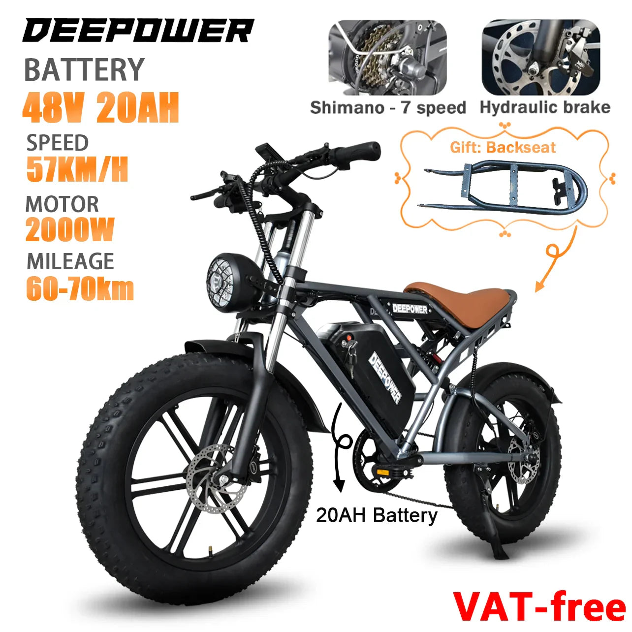 DEEPOWER S7 2000W Fat Tire Electric Bike – 48V 55Ah