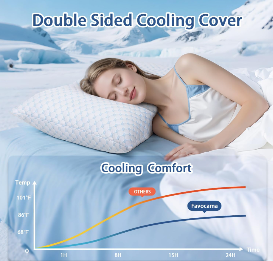 Favocama Cooling Pillow for Sleeping, Shredded Memory Foam Pillows King Size Set of 2, Double Sided Cooling Bed Pillows for Hot Sleepers, Side Back and...