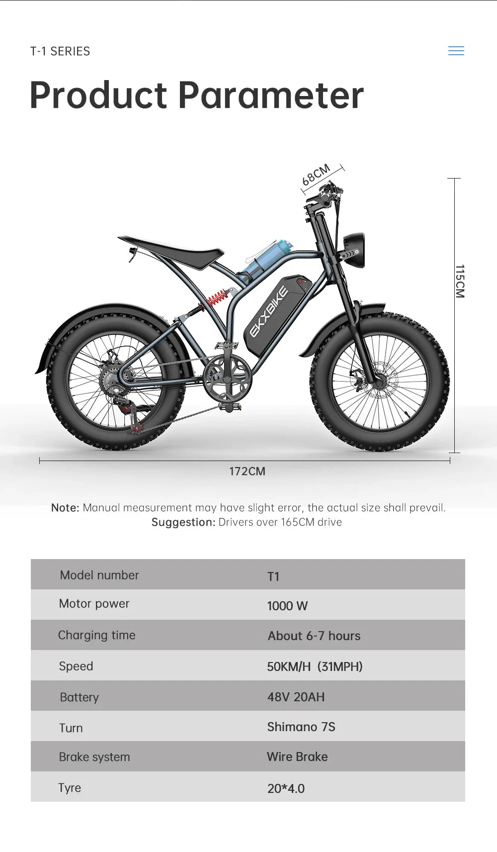 EKX T1 1000W Fat Tire Electric Bike – 48V 20Ah