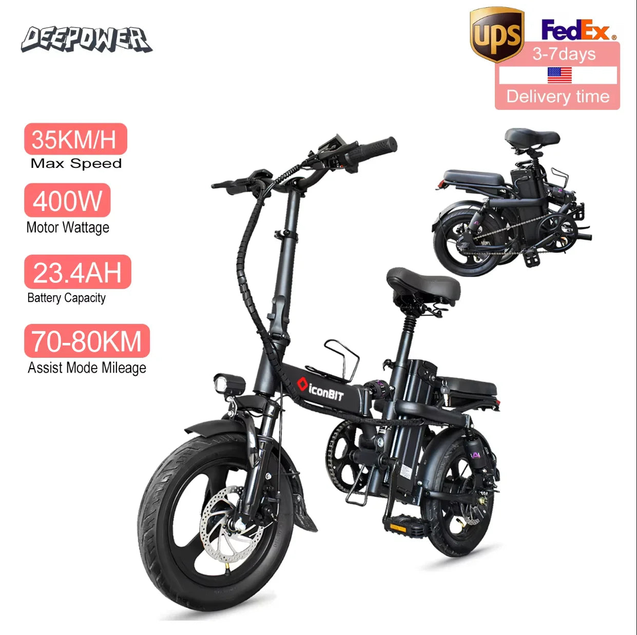 400W Fat Tire Folding Ebike – 48V 30AH