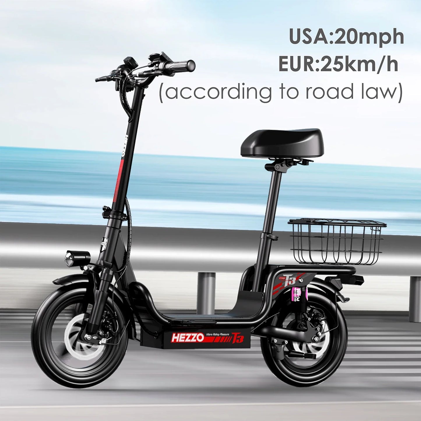 HEZZO 500W Electric Scooter – Seat & Basket, 20MPH