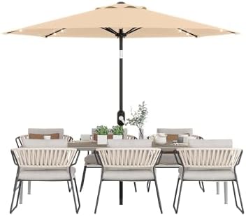 10 Ft Patio Umbrella with Solar Lights, 8 Ribs Outdoor Market Table Umbrella with 40 LED Lights & Tilt Crank for Pool, Deck, Backyard, Tan