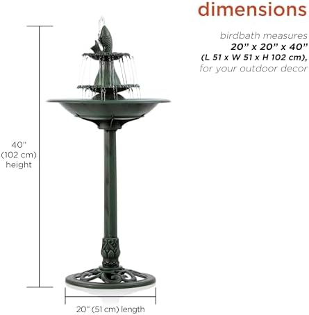 Alpine Corporation TEC104 Outdoor Floor 3-Tiered Pedestal Soothing Cascading Waterfall Fountain with Birdbath, 40", Green