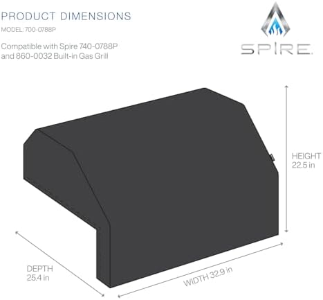 SPIRE 5-Burner Built-in Grill Top Cover, Polyester PVC Blend, Designed for Spire Built-in Grill 740-0788P and KitchenAid 740-0788, Water Repellent, Elastic Fit, 32.9"D x 25.4"W x 22.5"H - 700-0788P