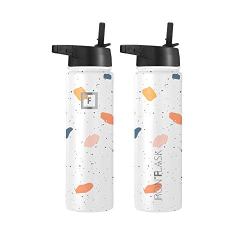 IRON °FLASK Sports Water Bottle - Wide Mouth with 3 Straw Lids - Stainless Steel Gym & Outdoor Bottles for Men, Women & Kids - Double Walled, Insulated Thermos, Metal Canteen - Terrazzo, 22 Oz