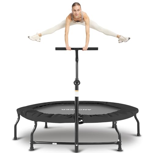ANCHEER 40" Foldable Mini Trampoline Max Load 450lbs, Fitness Trampoline with Bungees, Adjustable Foam Handle, Indoor Exercise Trampoline for Adults Inoor/Garden Workout (Blue 50'')