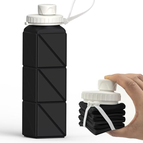 Collapsible Water Bottles with Straw, BEAUTAIL Silicone Foldable Portable Water Bottle 610ml Lightweight Reusable Leakproof for Travel Camping Hiking Cycling Sports, 4 Pack (Black+Dark Blue+Blue+Pink)