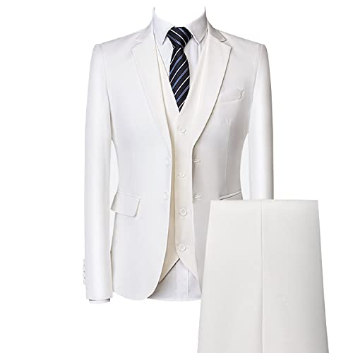Casual 2 Button Suits for Men Slim Fit Notched Lapel Business Sets Solid Color Wedding Formal Jacket Vest Pants (White,Medium)