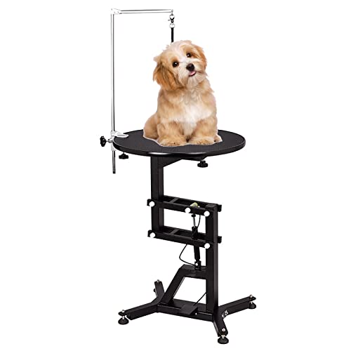 Hydraulic Pet Dog Grooming Table,Heavy Duty w/Adjustable Arm&Noose,Range 29-40 Inch,Maximum Capacity Up to 220LBS (Round Table)