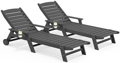 SERWALL Patio Chaise Lounge Chair Set of 2, 78'' Long 5-Positions Adjustable HDPE Outdoor Lounger for Pool, Poly Lounge Chair with Rolling Wheels & Cup Holder for Poolside, Deck, Slate Gray