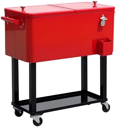 Outsunny 80 QT Rolling Cooling Bins Ice Chest on Wheels Outdoor Stand Up Drink Cooler Cart for Party, Red