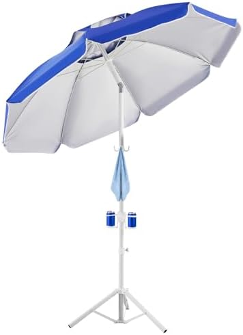 Aoxun Portable Umbrella with Stand, 6.5ft Sun Shade Umbrella with Stand, Lightweight Adjustable Standing with Sand Anchor and Carry Bag, Instant Sun Protection, Easy to Carry, Blue