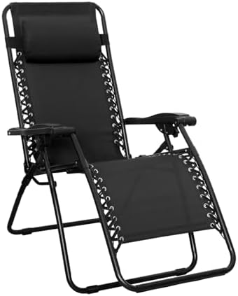 Amazon Basics Outdoor Patio Zero Gravity Lounge Chair with Pillow, Folding Reclining and Textilene Adjustable, Folding Lounge Lawn Chairs for Outside, 26", Black
