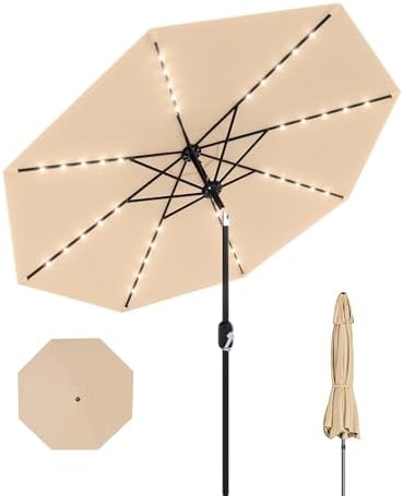 10 Ft Patio Umbrella with Solar Lights, 8 Ribs Outdoor Market Table Umbrella with 40 LED Lights & Tilt Crank for Pool, Deck, Backyard, Tan