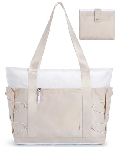 BAGSMART Tote Bag for Women, Foldable Tote Bag With Zipper Large Handbags Shoulder Bag Commuter bag for Travel/Work/Sport, Beige