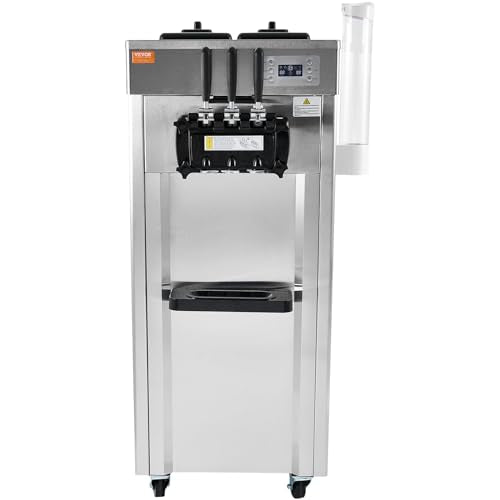 VEVOR 1850W Commercial Soft Ice Cream Machine 3 Flavors 5.5 to 8.2Gallon per Hour PreCooling at Night Auto Clean LCDPanel for Restaurants Snack Bar, Sliver