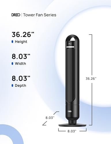 Dreo Tower Fan for Bedroom, 90° Oscillating Standing Fans for Room with 4 Speeds, 3 Modes, 28dB Quiet for Sleep, 25ft/s Velocity, 8H Timer, Remote, Living Room, Office, Home, Black, TF117