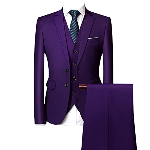 Casual 2 Button Suits for Men Slim Fit Notched Lapel Business Sets Solid Color Wedding Formal Jacket Vest Pants (Purple,Medium)