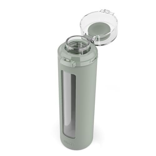 Ello Syndicate 20oz Reusable Glass Water Bottle with One-Touch Leak Proof Flip Lid, Protective Non-Slip Silicone Sleeve, Carry Loop for Coffee, Tea and Water, BPA-free, Dishwasher Safe, Sage