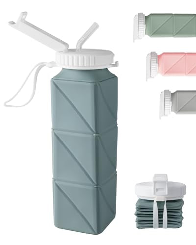 Opard Collapsible Water Bottles 21 Oz - BPA Free, Leak Proof, Foldable Silicone Collapse Water Bottle with Straw, Easy to Compact and Expandable, Travel Essentials Accessories