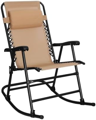 Amazon Basics Outdoor Patio Folding Reclining Lounge Rocking Chair with Pillow, Affordable Folding Chairs for Outside, Beige, 33.6 x 37.4 x 26 inch